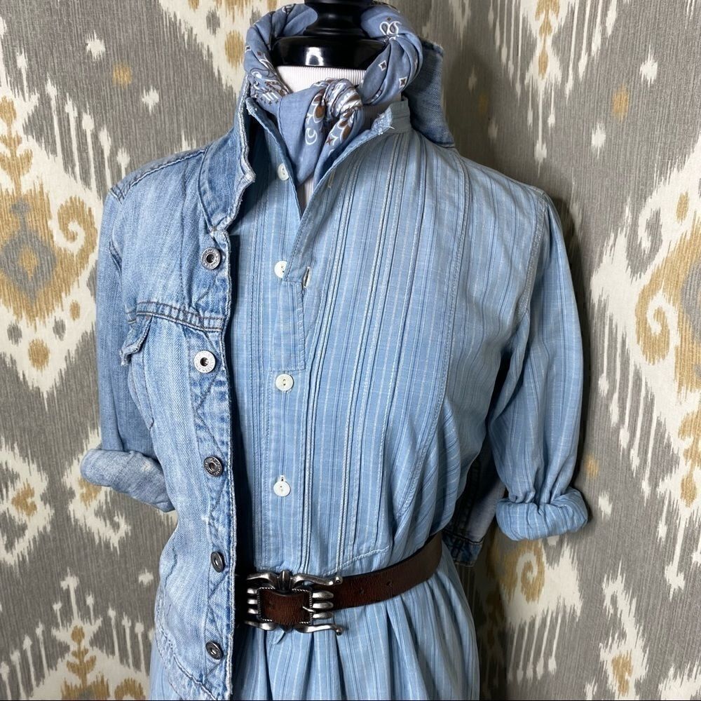 Ralph Lauren Double RL RRL Blue Striped Band Collar Mended Tunic Shirt Dress